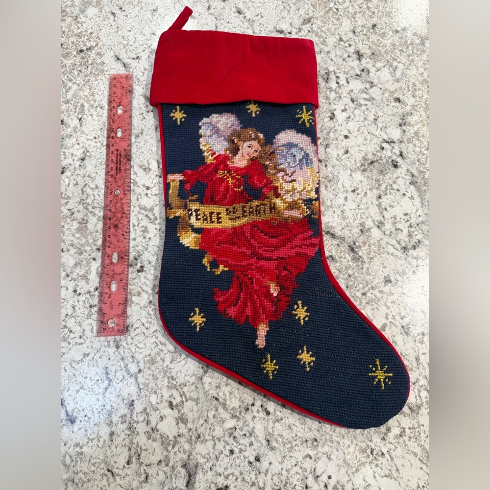 Angel Peace on Earth Needlepoint Red Blue Yellow Christmas Stocking